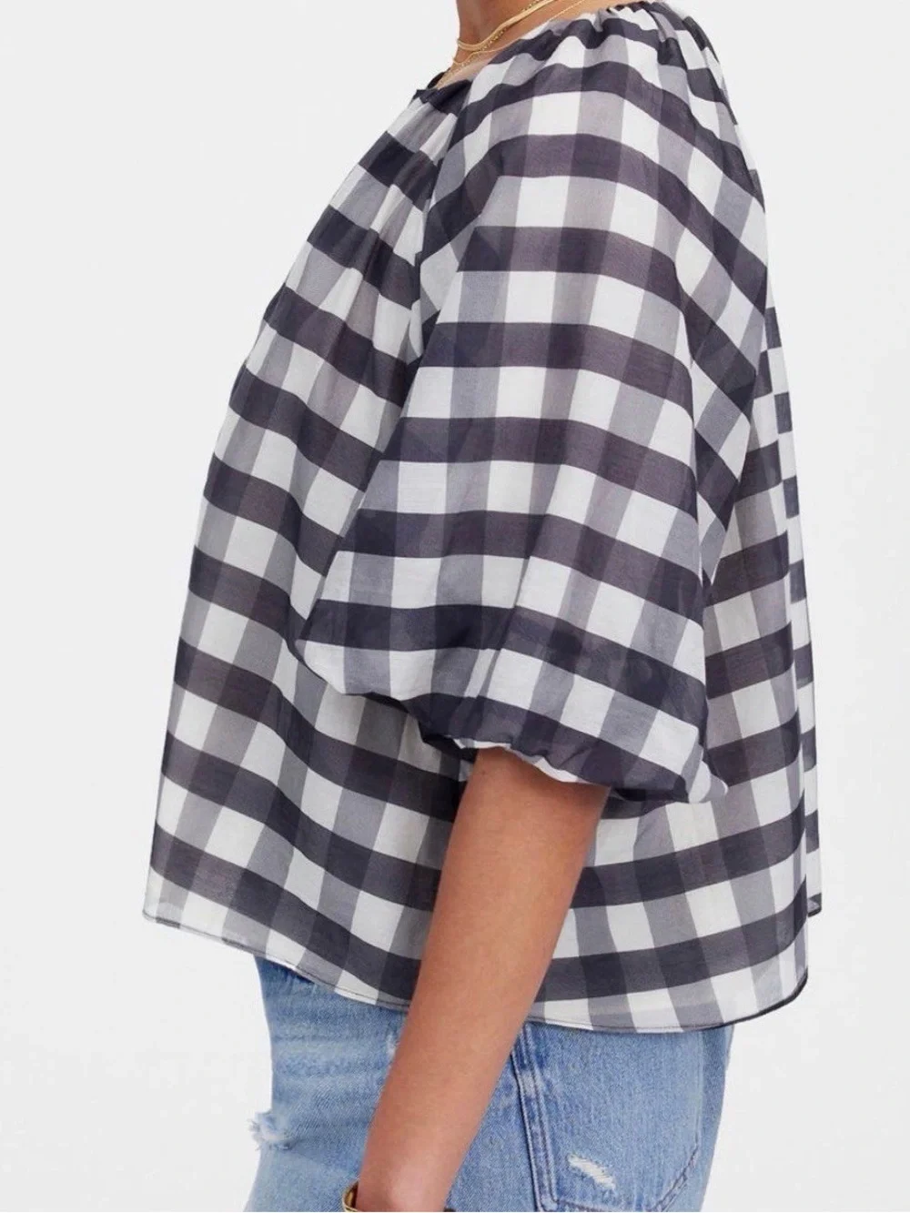 Madewell NWT Gingham Silk Bubble Sleeve Top size O